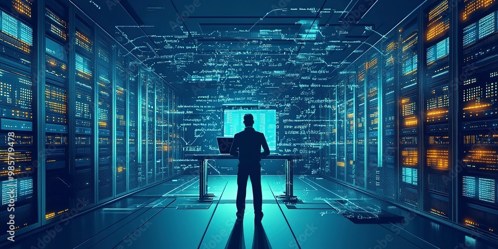 Poster computer engineer working on laptop computer with server room, data center, big data storage as back