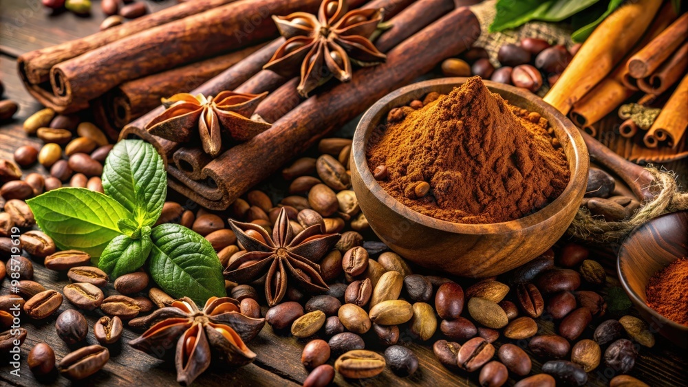 Poster a close-up shot of cocoa beans, cocoa powder, and various spices, perfect for chocolate lovers and f