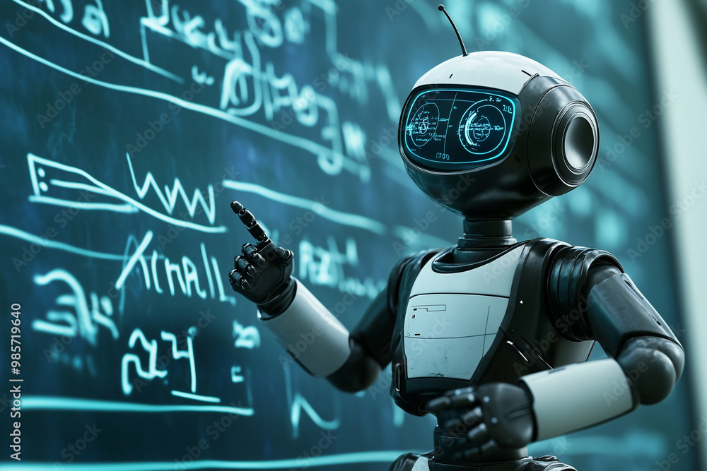 Aufkleber robot is pointing at a blackboard with math equations on it. the robot is white and blue