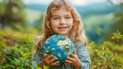 Fototapeta premium Smiling young girl holding a globe is surrounded by nature