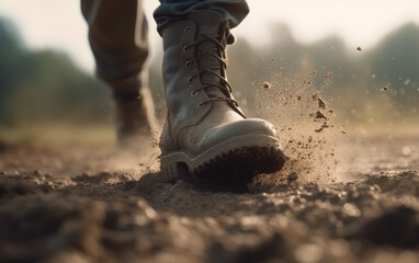 Closeup of Boot Kicking Up Dust on a Dirt Path