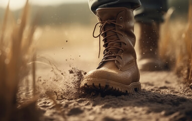 Brown Leather Boot Stepping on Sand with Dust Flying Up