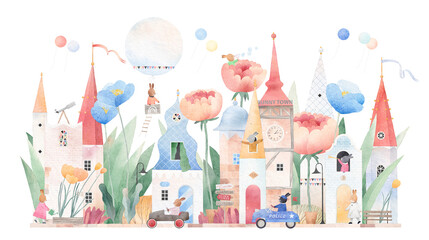 Children's city among flowers. Cute houses, flowers, bunnies. Fairytale castle. World of dreams. Cute bunny town.