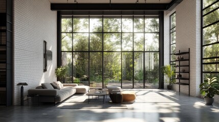 3D render of a loft living room with a high ceiling.The polished concrete floor, black steel structure, and white brick walls all have enormous windows that let in natural light