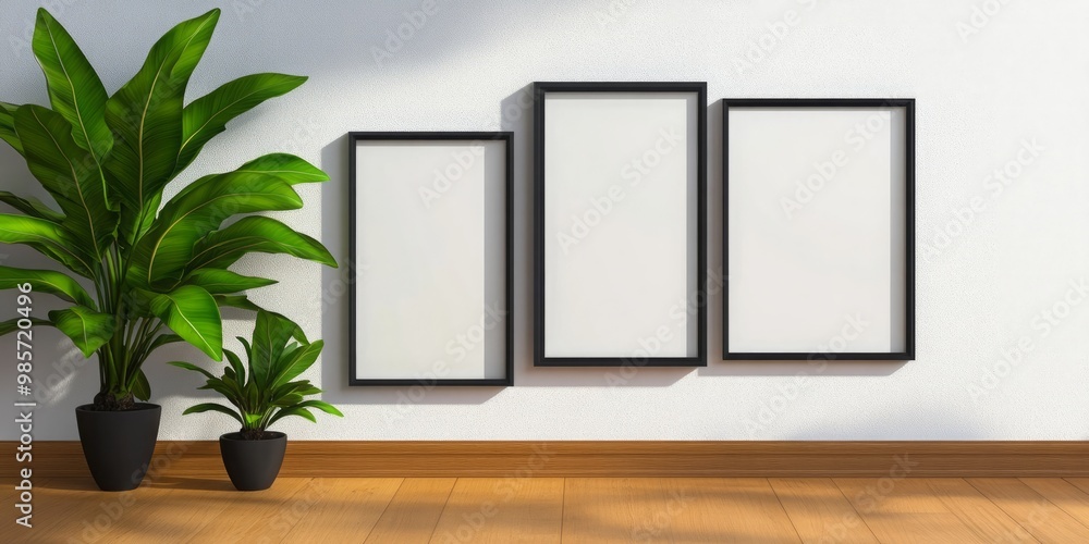 Poster three blank frames with black borders hang on a white wall, creating a minimalist gallery setting. t
