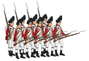 Illustration of British grenadiers in traditional 18th-century uniforms, marching in formation with bayonets attached to muskets. The soldiers wear red coats, white breeches, and tall black fur hats.