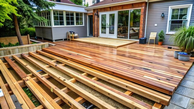 Outdoor cedar deck renovation with wooden floor boards being removed
