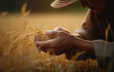 Close up of Hands Holding Rice Paddy in Field