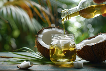 Coconut oil pouring into a glass jar generative ai