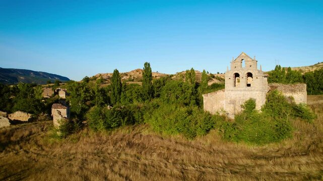 Aerial view of Barcena de Bureba, an ancient ghost town in Burgos province, Castile and Leon, Spain. High quality 4k footage