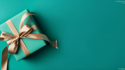 Teal Gift Box with Gold Ribbon on Green Background