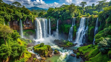 Obraz premium Majestic waterfalls cascading over a verdant landscape, surrounded by lush rainforest vegetation, its beauty is a sight