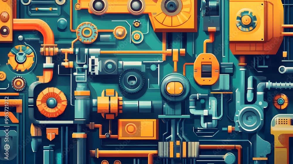 Poster abstract machine design with pipes gears and circular elements