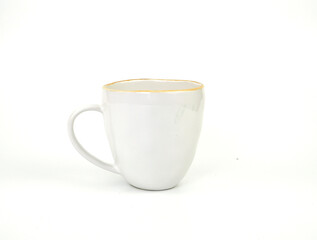 Empty white mug with brown rimisolated on white background. Use for home or restaurant, food design. Concept kitchen utensils and tableware. Side view..