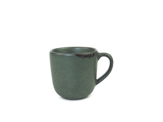 Side view, empty dark green mug isolated on white background. Blank  dark green ceramic cup mockup and template for design, and banner. Use for home or restaurant.