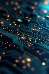 Obraz premium Abstract 3D illustration of a blue and green PCB background with glowing circuits and complex electronic components The detailed design creates a futuristic