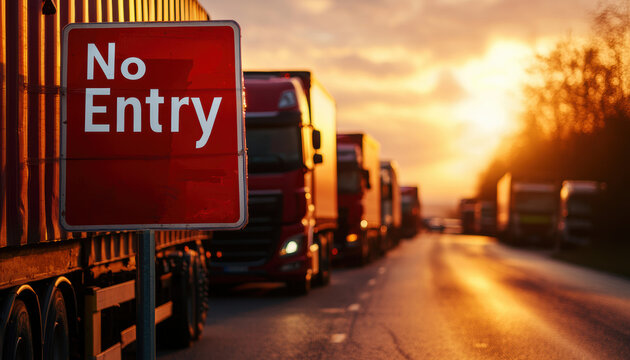 Trucks stopped at a border with large No Entry signs, border closure, crossborder trade disruption