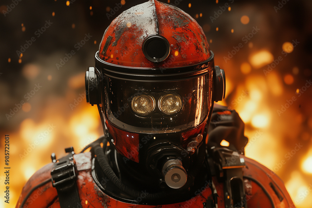Aufkleber robot is standing in front of a fire, with a man and a woman in the background. the robot is red and