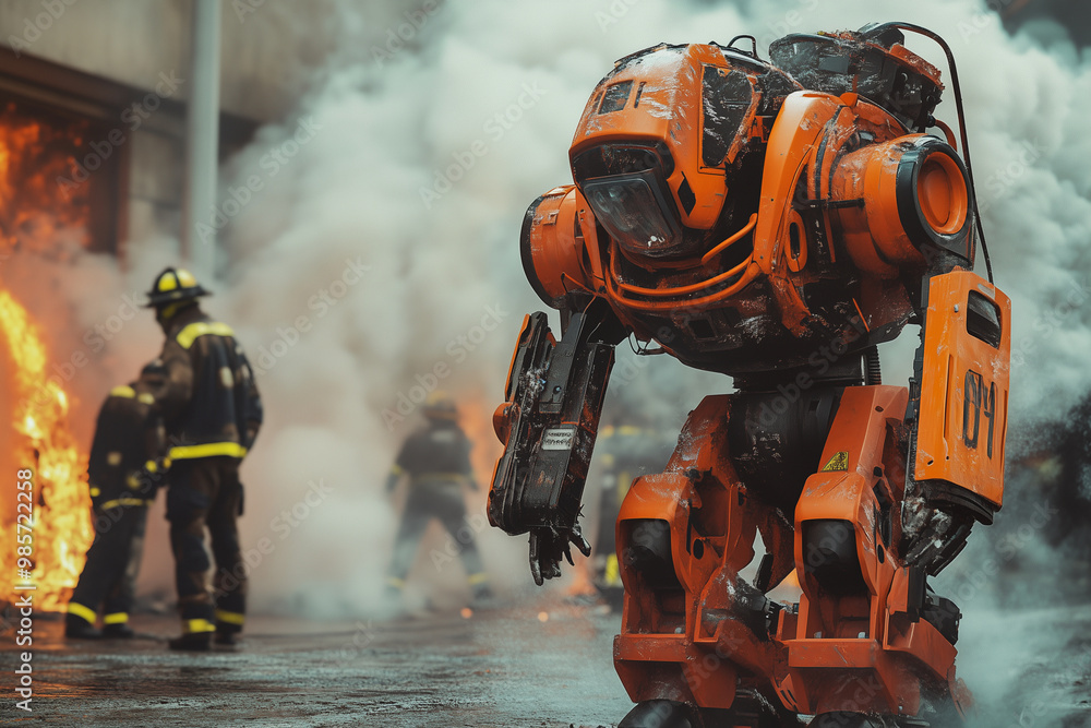 Aufkleber robot is standing in front of a fire, with a man and a woman in the background. the robot is red and