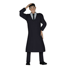 Professional Judge 3D Cartoon. A male judge stands with his right hand above his head while his left hand is on his waist. Male Legal Expert