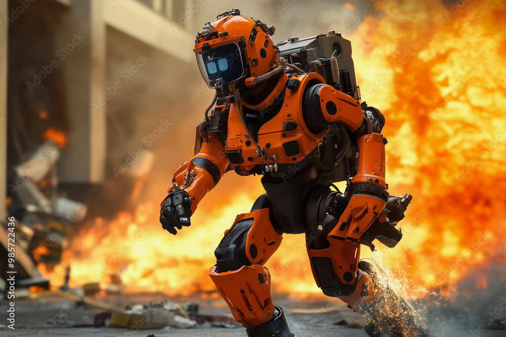 Aufkleber robot is standing in front of a fire. the robot is orange and has a black head