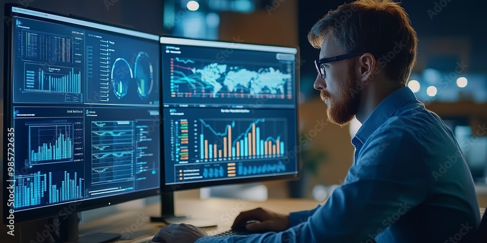 Aufkleber analyst uses computer and dashboard for data business analysis and data management system with kpi a