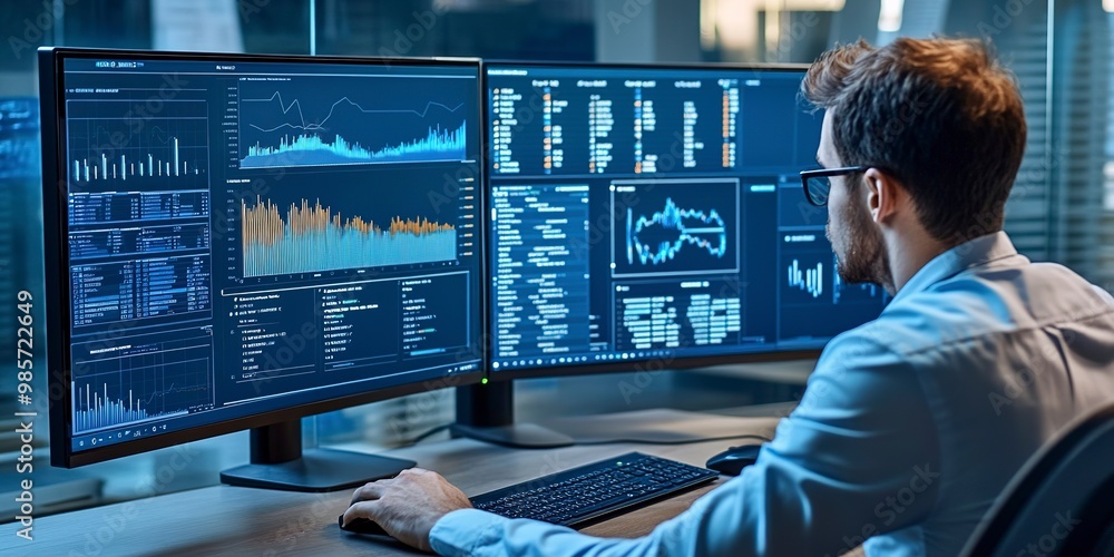 Aufkleber analyst uses computer and dashboard for data business analysis and data management system with kpi a
