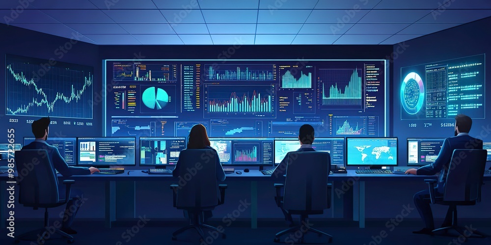 Poster an experienced team of computer data scientists works on desktop computers with screens displaying c