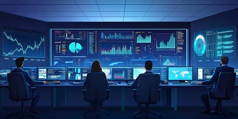 An experienced team of computer data scientists works on desktop computers with screens displaying charts, graphs, infographics, technical neural data, and statistics. A low key control room