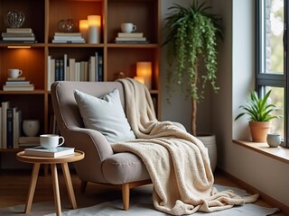 Cozy reading nook with a plush armchair, soft blanket, and warm lighting, creating an inviting atmosphere for relaxation and leisure in a beautifully styled home library full of books and plants