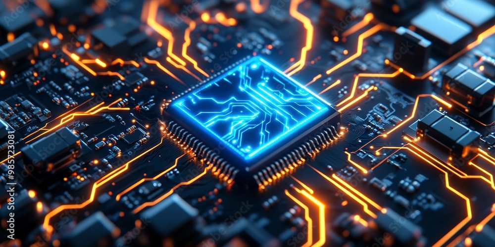 Poster ai chip glows with blue energy and power, adiates light and lightning. concept of computer technolog