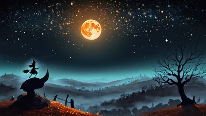 A witch on a broom flies past a bright, orange full moon in a mysterious night scene, with a haunted castle and eerie trees completing the Halloween atmosphere