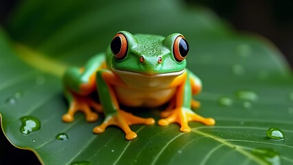 Fototapeta premium Vibrant Tree Frog Perched On Leaf With Striking Orange Eyes And Green Skin, Surrounded By Dew Drops In A Tropical Rainforest Setting Perfect For Nature And Wildlife Photography Enthusiasts