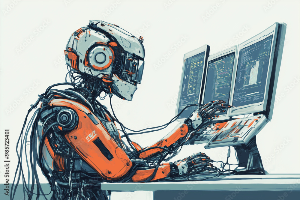 Poster robot is sitting at a computer with a keyboard and a mouse. the robot is wearing a red helmet and ha