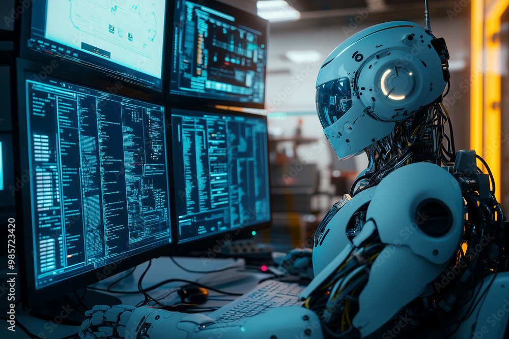 Poster robot is sitting in front of a computer monitor with a blue screen. the robot is wearing a helmet an