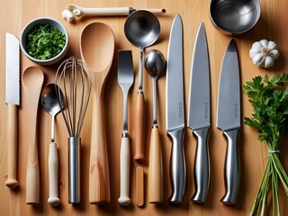 Comprehensive culinary toolkit including high-quality knives, utensils, and kitchen essentials perfectly arranged on a wooden surface, ideal for aspiring chefs and cooking enthusiasts seeking precisio