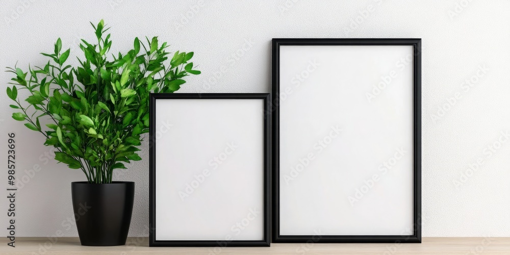 Poster two black framed posters sit on a table next to a potted plant. the frames are blank and perfect for