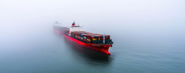 Fototapeta premium Cargo ships stuck at a harbor due to trade restrictions, foggy horizon, shipping blockade, importexport crisis