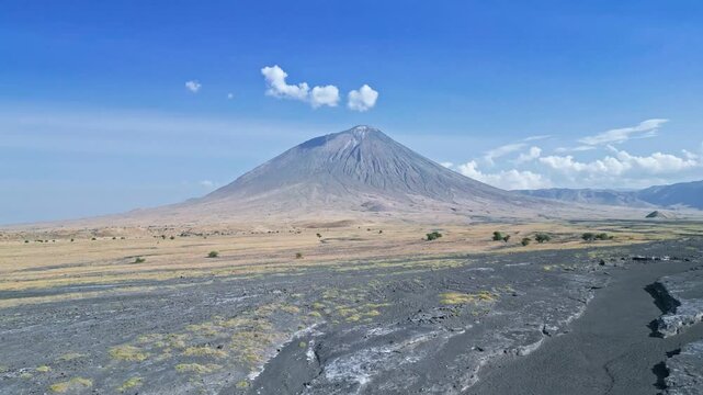 Aerial view of Lake Natron with Ol Doinyo Lengai volcano, Tanzania