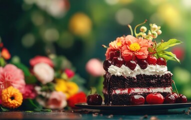 The chocolate cake topped with fresh cherries and whipped cream