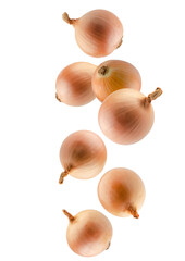 Set of whole onions falling in space. Isolated on white. Full depth of field.
