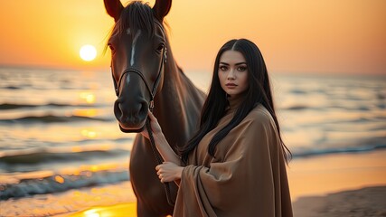 Travel images, Meditation images,  woman with Horse, Serene Woman with Horse at Sunset on the Beach, Lifestyle images