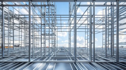 Steel Scaffolding Structure with Blue Sky and Clouds.