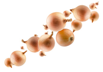  Set of whole onions fly through space forming a chain shape. Isolated on white. Full depth of field.
