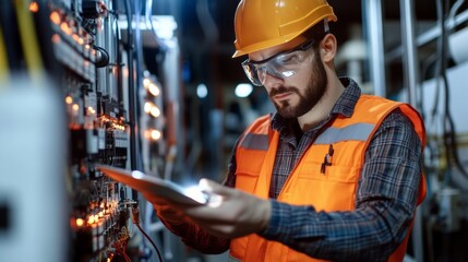 Industrial worker checking electrical panel.
