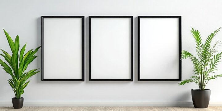 Three blank picture frames hang on a white wall with plants on either side. This minimalist interior design would be perfect for a gallery or home.