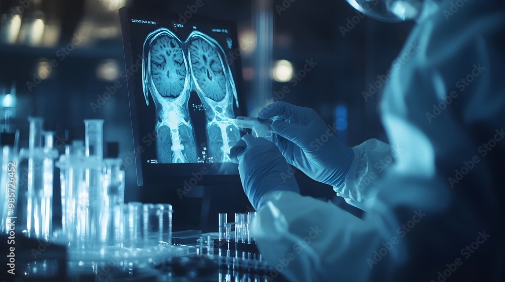 Poster scientist analyzing a brain scan in a laboratory setting