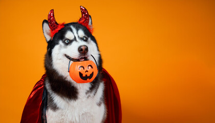 A photo of a dog wearing a Halloween costume with simple orange background. Husky carrying a pumpkin candy basket in its mouth.