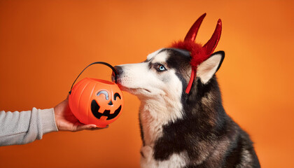 A photo of a dog wearing a Halloween costume with simple orange background. Husky refuses to carry a pumpkin candy basket in its mouth.