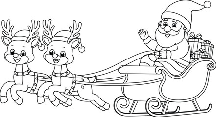 Santa claus on sleigh full of gifts and reindeers cartoon coloring page. Christmas and Winter Illustration